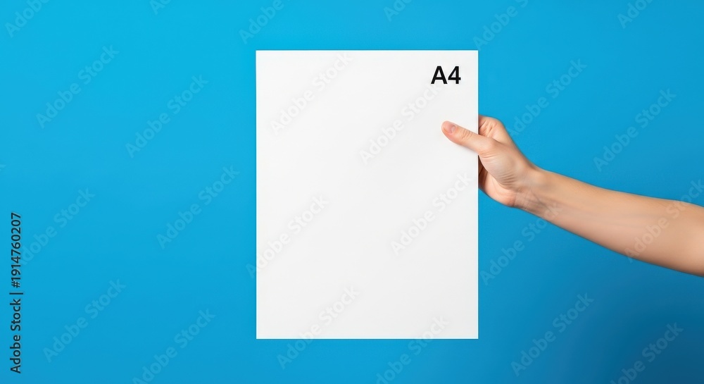 Fototapeta premium Hand holding A4 paper on blue.