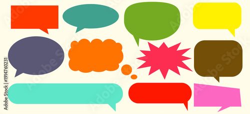 A simple design set of colorful message comment chat boxes. A collection of comic and social media speech bubbles, text boxes, and chat boxes. A vector set of comic and social media speech bubbles.