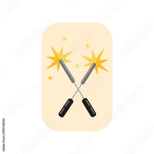 Illustration of two crossed sparklers with bright yellow stars on a soft beige background, symbolizing celebration and festivity.