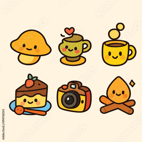 Set of six charming, anthropomorphic objects featuring a mushroom, coffee cups, cake, camera, and campfire icon.