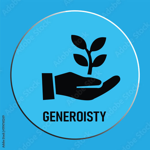 Generosity Icon with Hand Holding a Growing Plant Sprout on Blue Background