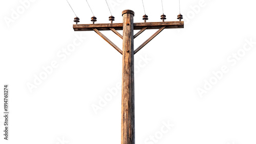 wooden pole with electricity wires on transparent background