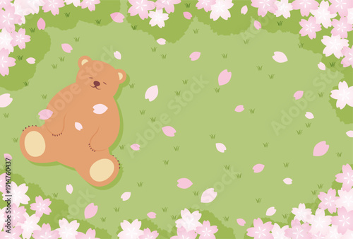 spring vector background with pink cherry blossoms and a bear sleeping on the green field
