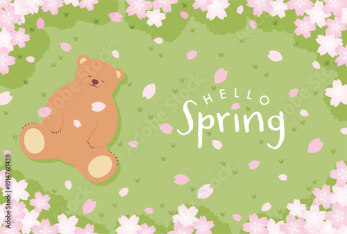 spring vector background with pink cherry blossoms and a bear sleeping on the green field