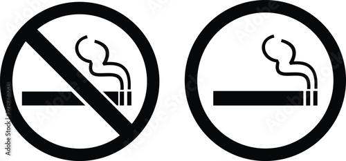 No smoking sign icon set collection group with cigarette symbol, prohibition warning label, stop tobacco notice, red circle ban mark, public health regulation and indoor air safety message.