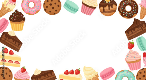 Assorted Sweet Treats and Desserts Border Design.