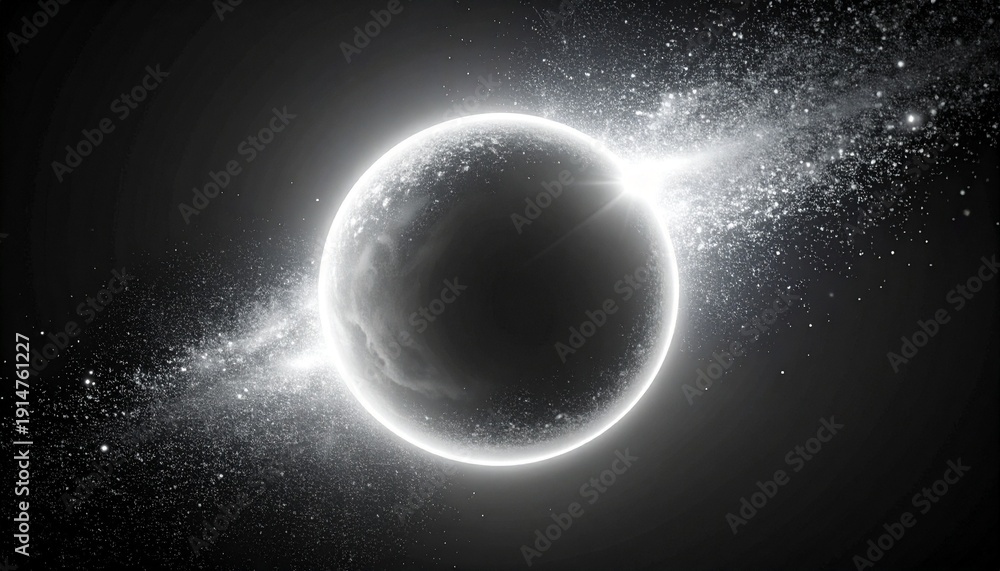 Obraz premium Celestial scene with central black circle, glowing luminous ring, stream of white particles crossing horizontally, dark cosmic background, symbolic visualization of black hole, eclipse, or galactic fo