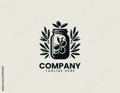 Black vector logo depicting a stylized glass jar filled with olives and olive branches with leaves