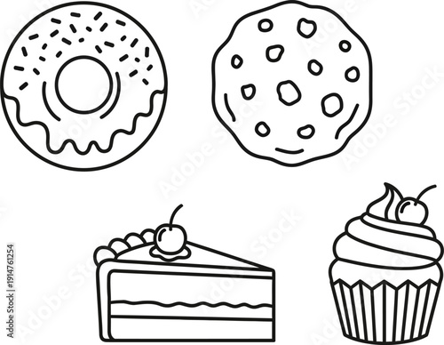 Black and white line drawings of various desserts and pastries.
