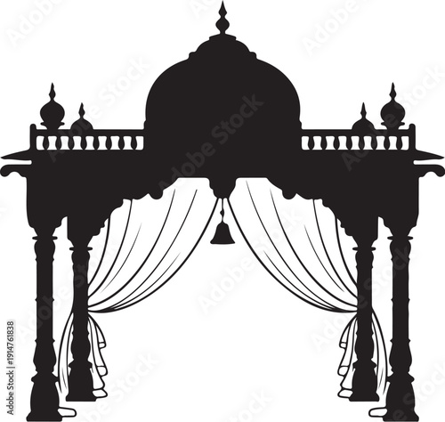 Black and white silhouette of a traditional pavilion with draped curtains