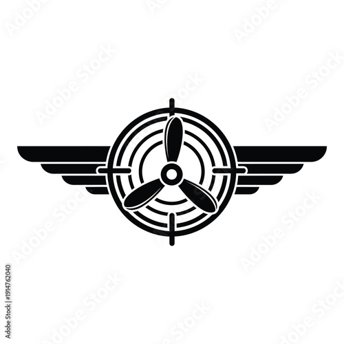 Black and white airplane propeller with wings symbol  aviation logo design element icon