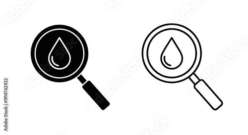 Magnifying glasses analyzing water droplets icon set, vector illustration Vector