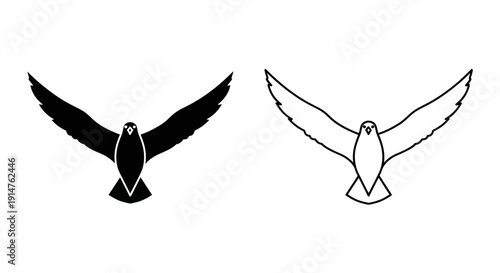 Two birds flying in opposite directions black and white illustration Vector