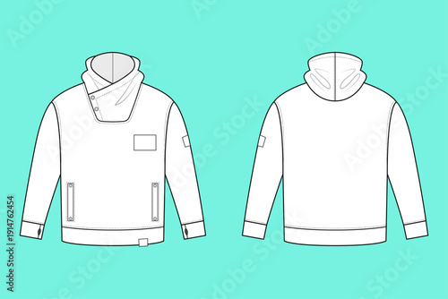 Urban Tactical High-Neck Hoodie Vector Technical Sketch