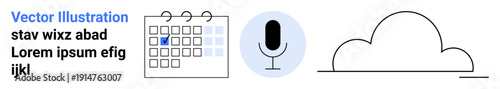 Digital transformation, event scheduling, cloud storage, voice recording, productivity, time management. A calendar, microphone and cloud. Event scheduling and cloud storage concepts