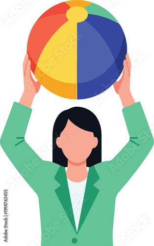A cartoon woman holding a colorful beach ball on transparent background