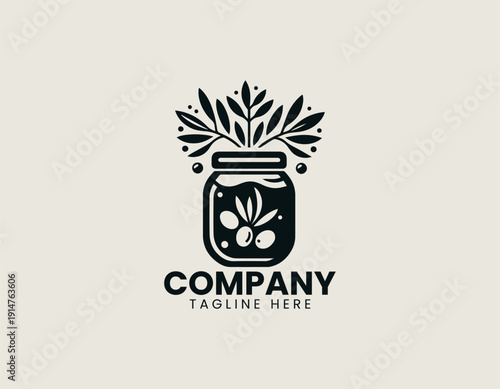 Black vector logo depicting a stylized glass jar filled with olives and olive branches with leaves