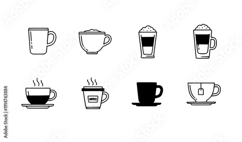Minimal Coffee and Tea Cup Vector Icons – Monochrome Outline Set of Hot Beverage Symbols