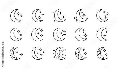 Crescent Moon and Stars Vector Icon Set – Outlined Night Sky Icons for Dark Mode UI and Sleep Apps
