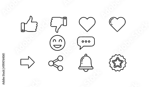 Minimal Social Media Engagement Icon Set – Thumbs Up, Heart, Comment, Share, and Notification Symbols Vector