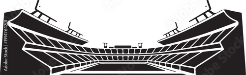 Black and white stadium seating with tiered rows and central stage