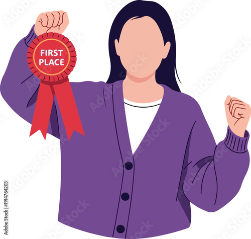 A woman holding a first place ribbon on transparent background