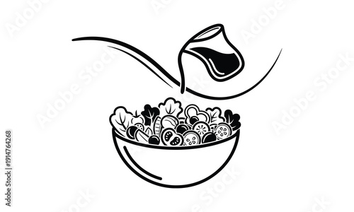 Bowl of fresh mixed salad with dressing being poured vector illustration