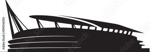Black and white stadium silhouette with roof and seating tiers