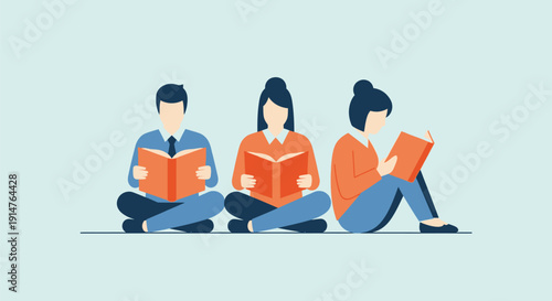 Three diverse people sitting cross-legged and reading books. Concept of education, study, literacy, and self-improvement in a minimalist flat design.