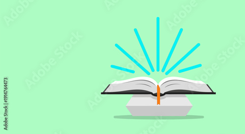 Minimalist Open Book Illustration Glowing with Knowledge and Wisdom Rays. Education and Learning Concept on Mint Background.