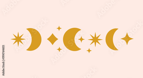 Boho Celestial Illustration with Gold Crescent Moons and Stars. Minimalist Mystic Vector Art for Astrology, Hippie, and Spiritual Designs.