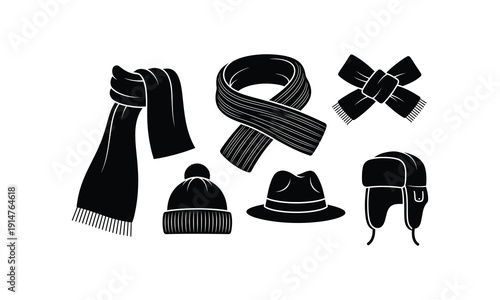 Collection of various warm winter accessories including scarves and hats