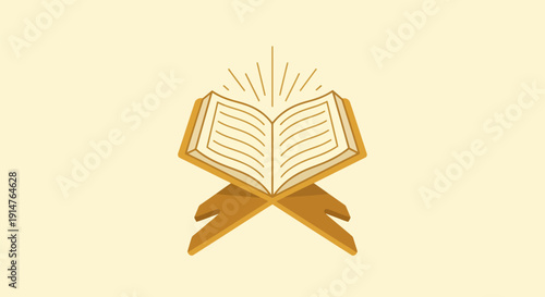 Minimalist Golden Quran on Rehal Stand Vector. Islamic Holy Book Illustration with Rays, perfect for Ramadan and Eid celebrations.