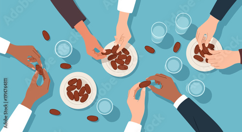 Diverse Group Breaking Fast (Iftar) with Dates and Water. Top-Down Illustration of Ramadan Meal Sharing and Community.
