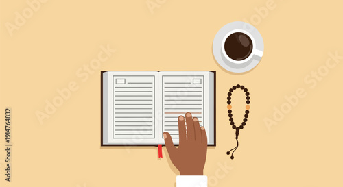 Reading spiritual book flat lay illustration. Hand on open Holy Text with prayer beads (Tasbih) and coffee. Muslim devotion and reflection concept.