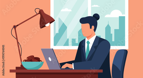 Professional Businessman Working on Laptop at Office Desk with Dates. Flat Vector Illustration of Productivity During Ramadan Fasting or Corporate Focus.