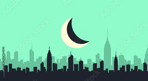 Retro Minimalist City Skyline Silhouette and Crescent Moon. Graphic Urban Night Illustration on Mint Background.