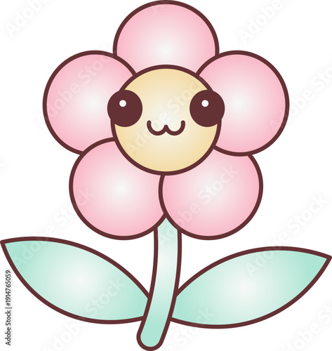 Pink Flower Illustration with Green Leaves