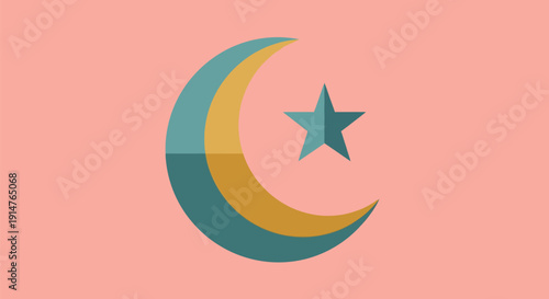 Flat Design Islamic Crescent and Star Symbol. Minimal Geometric Artwork for Ramadan, Eid al-Fitr, or Spiritual Themes on Pink Background.