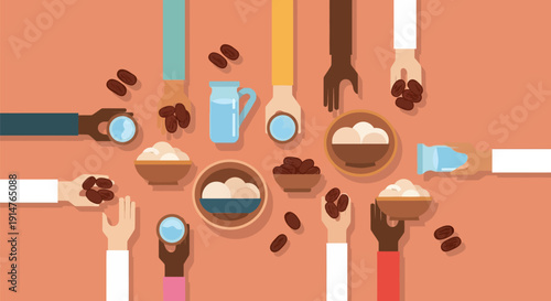 Ramadan Iftar: Diverse Hands Breaking Fast with Dates, Water, and Sharing Traditional Food Bowls in Flat Design Illustration