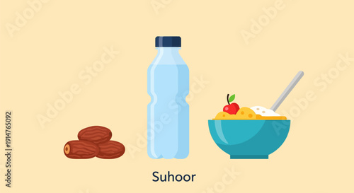 Suhoor Ramadan Meal Illustration: Healthy Pre-Dawn Breakfast with Dates, Water Bottle, and Cereal Bowl. Islamic Fasting Preparation Icon.