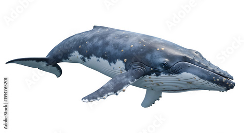 A large gray whale swimming in the dark ocean waters