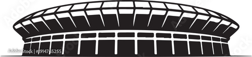Black and white stadium with curved roof and rectangular windows