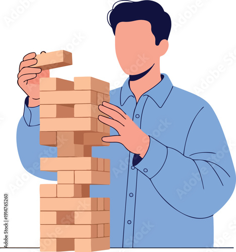 A man playing Jenga on transparent background