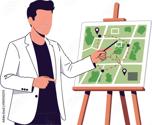 A man in a black suit presenting a map on an easel on transparent background