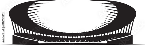 Black and white stadium with curved roof and seating