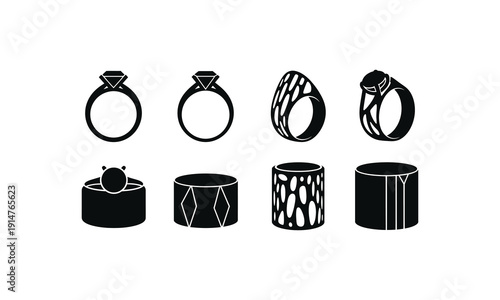 Jewelry ring set with various diamond engagement and band silhouettes