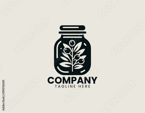 Black vector logo depicting a stylized glass jar filled with olives and olive branches with leaves