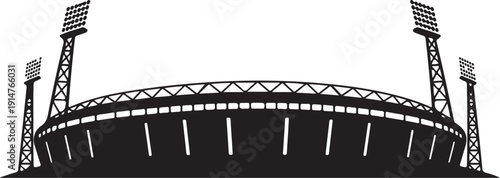 Black and white stadium with floodlights and structural supports
