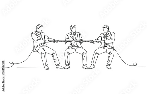 One continuous line drawing of four businessmen pulling rope competition business.